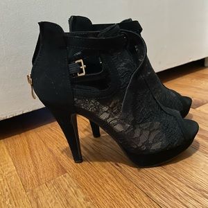 Lovmark black lace peep toe heels. Size 7. Worn once for 2 hrs for photos